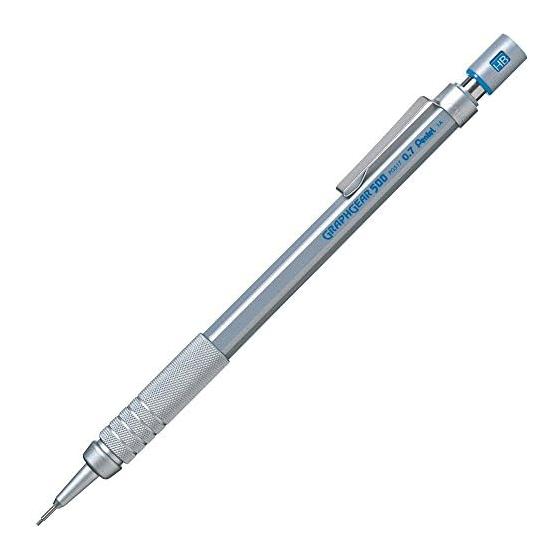 Pentel GraphGear 500 Mechanical Pencil, 0.7mm, Silver, Low-Center-of-Gravity Design, 4mm Tip Pipe for Easy Ruler Use, Knurled Grip, with Display