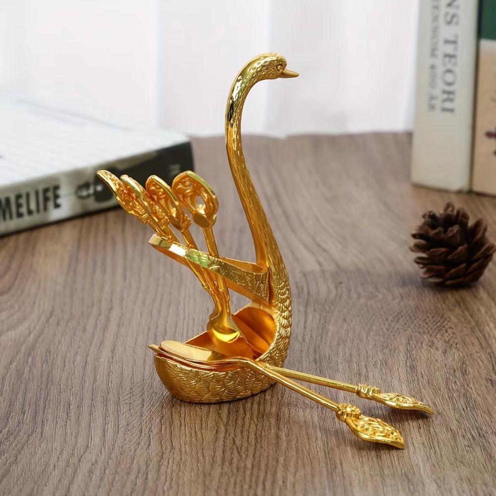 6Pcs Zinc Zinc Zinc Alloy Luxury Dessert Utensils with Swan Shaped Base Dessert Spoon  Kitchen