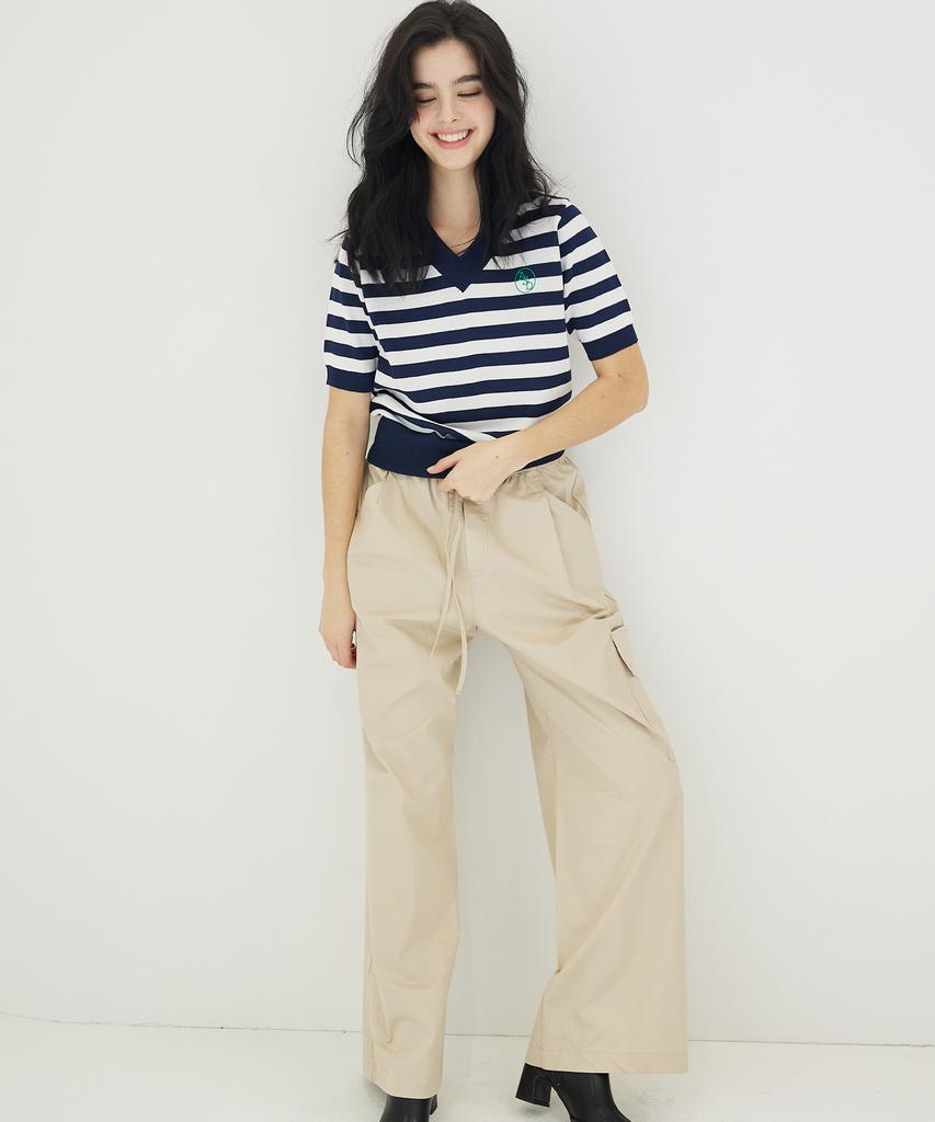 AWESOME STUDIO V-Neck Striped Knit Navy