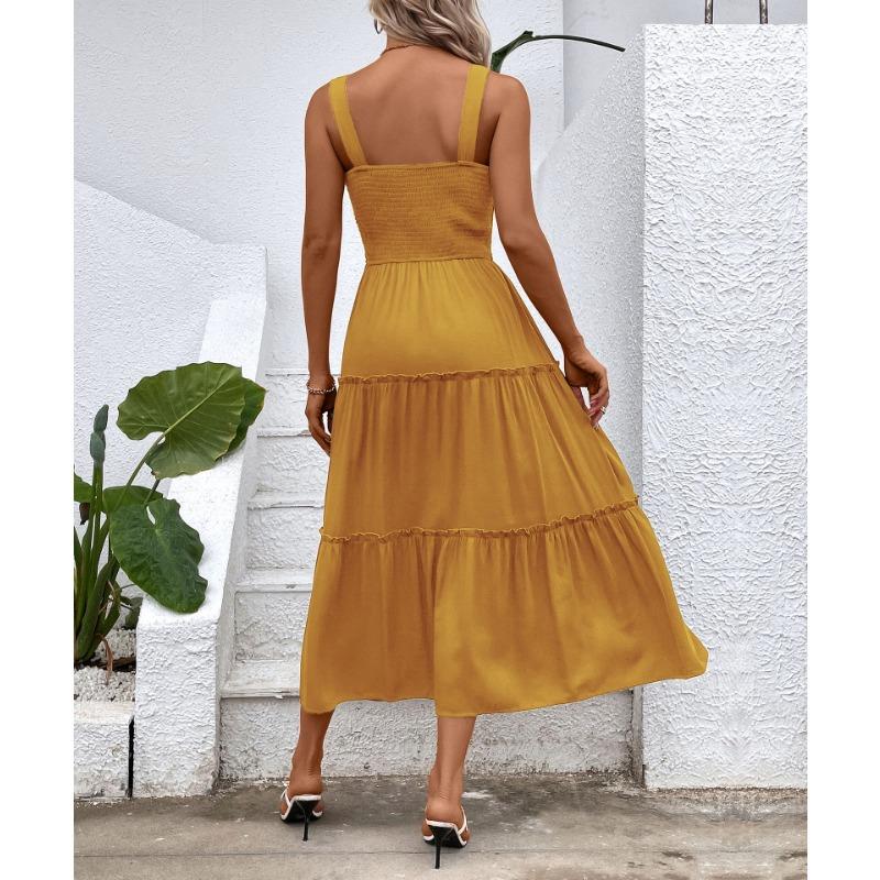 VEZFAA Kvinnemote Sommer Vår Ensfarget Print Ermeløse seler Høy midje Uformelle kjoler