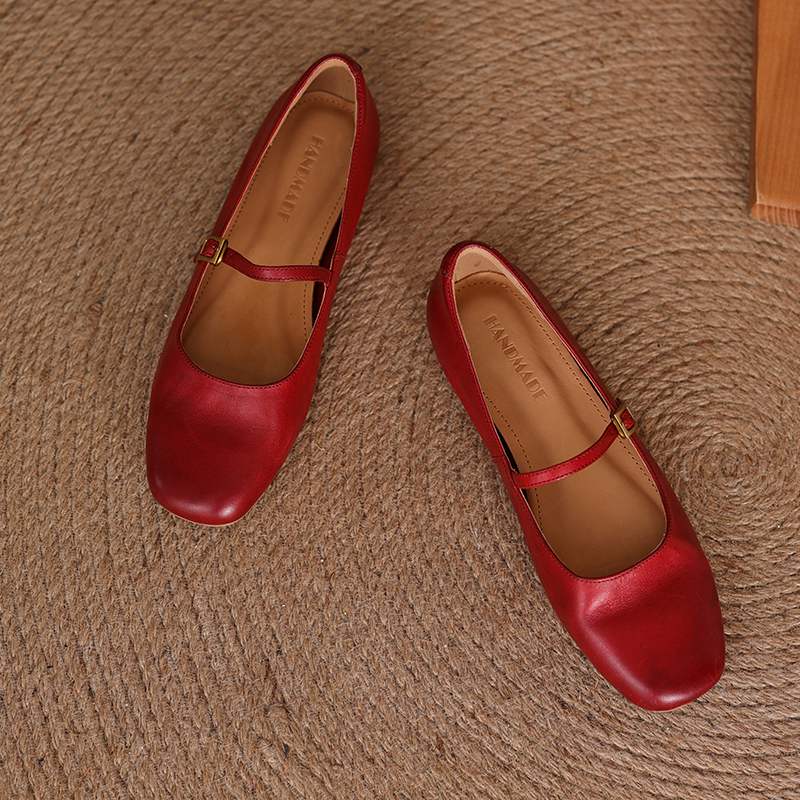 Krazing Pot Kuhleder Mode Frühling Herbst Schönheit Flach mit Damen Square Toe Schuhe Mary Janes Flache Ballerinas