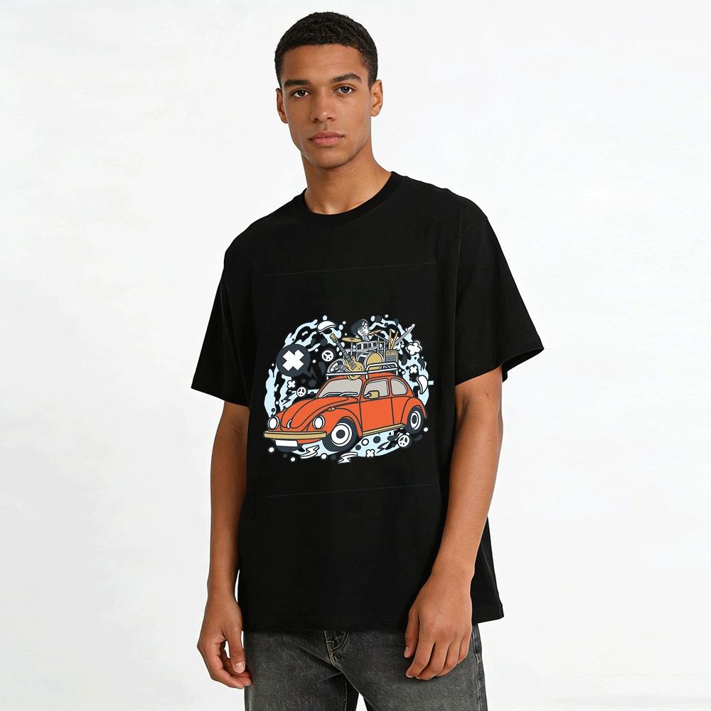 Vintage Beetle With Musical Instruments Rock Style Print T-Shirt Pure cotton T-shirt