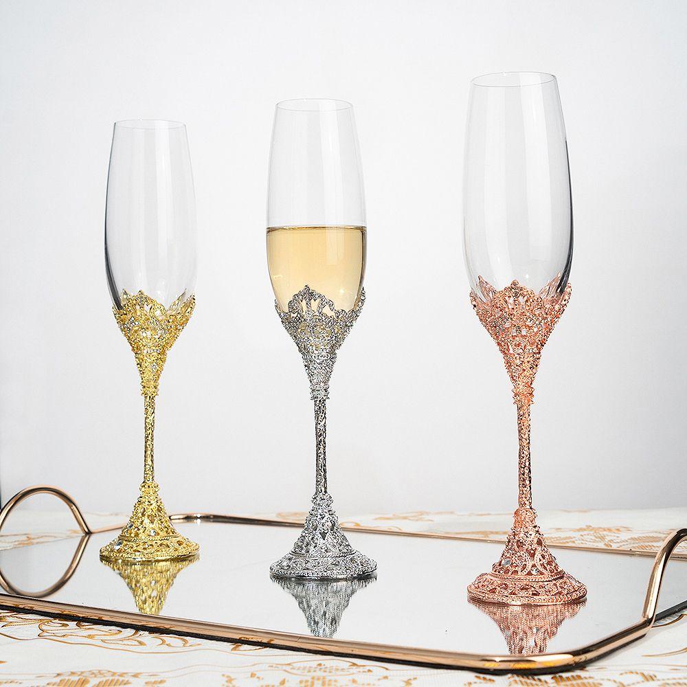 Original Flute-shaped Embossed Crown Champagne Glass, Golden Light Luxury Sparkling Wine Cup Ceremonial Sweet Cocktail Glasses