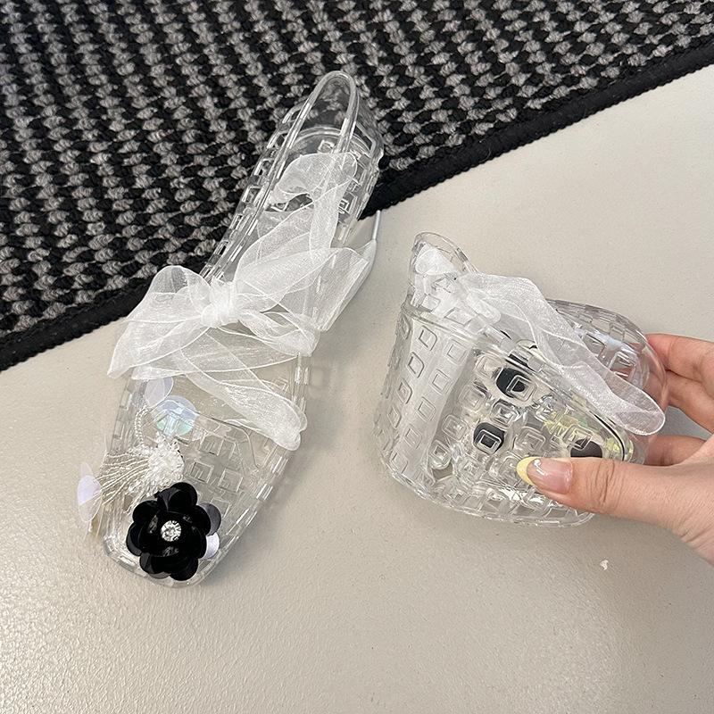 2025 South Korea's Popular Jelly Shoes Hollow Crystal Single Shoes Square Head Niche Transparent and Comfortable Flat-bottomed Fairy Hole Shoes