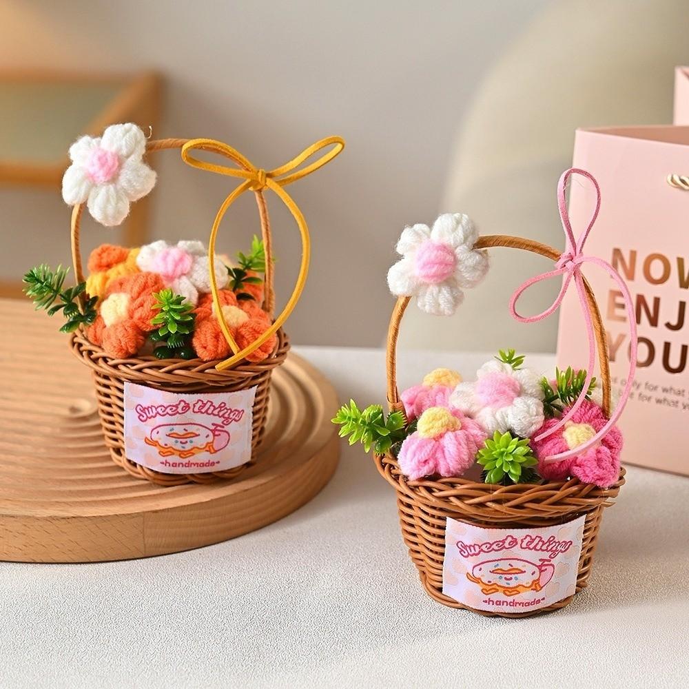 Home Decor Knitted Flower Basket Gift Basketed Crochet Flowers Crochet Flower Bouquet  Mother's Day