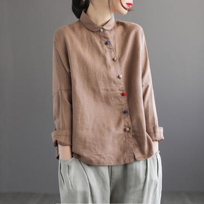 New In Autumn, Diagonal Placket Color Button-up Shirt, Linen Three-color Optional Retro Casual Loose Short-sleeved Top for Women