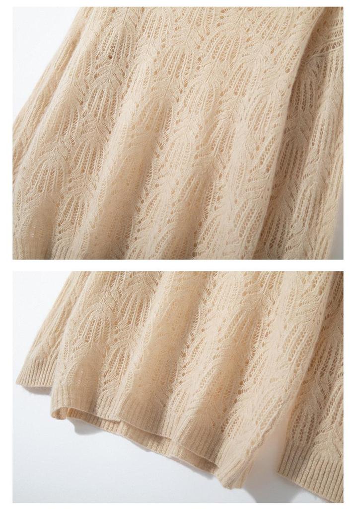 Women's Cashmere Round Neck Hollow-Out Sweater - 2023 Autumn/Winter Loose Fit, Niche Design, Short Style.