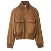 Womens Stand Collar French Style Bomber Jacket In Light Brown Ribbed Cuffs Short Length Regular Fit