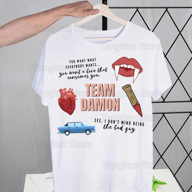 Damon Salvatore The Vampire Diaries Tshirts Men Shirt Harajaku Chronicles Vampiricas Summer Streetwear Casual Tee Short Sleeve