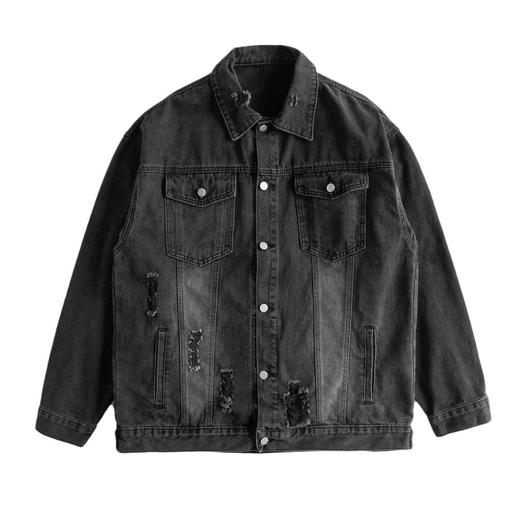 Men's Multi-Pocket Ripped Denim Jacket - Spring/Autumn, Trendy American Retro Street Style