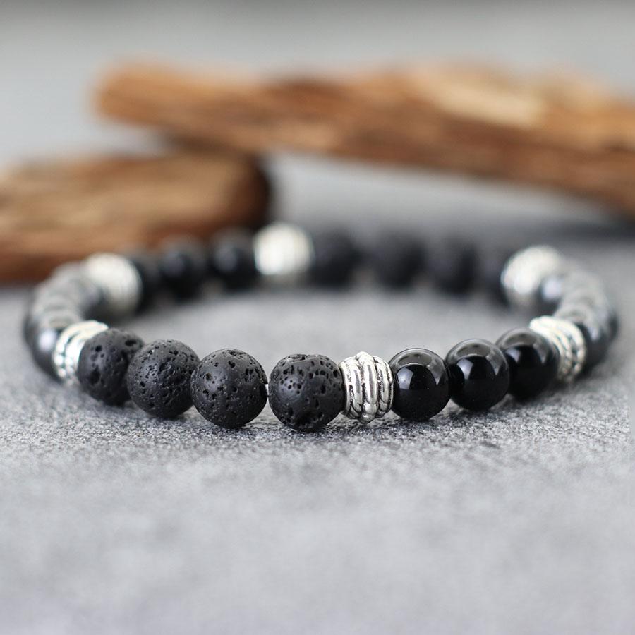 Simple Men Bracelet Natural Lava Tiger Eye Stone Hand Beaded Brass Braclet Casual Accessories Prayer Meditation Yoga Braslet