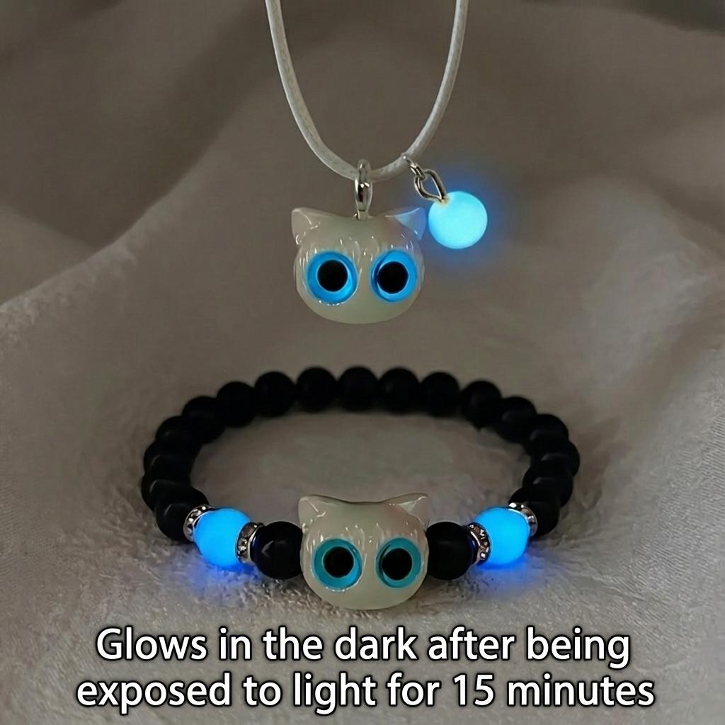 Luminous Black Cat Pendant Bracelets for Women Men Cute Cartoon Resin Big Eye Kitten Pendant Necklace Fashion Couple Jewelry