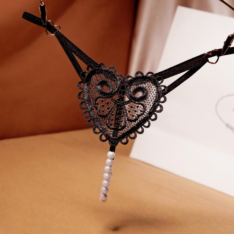 Retro Pearl Heart Embellished Low Waist Thong - Women's Beaded Seduction Panties (Style: 2253)
