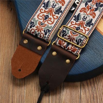 Vintage Flowers Embroidered Guitar Strap Tail Nail Pick Leather Head Guitar Strap Belt Adjustable Cotton Electric Guitar Belt