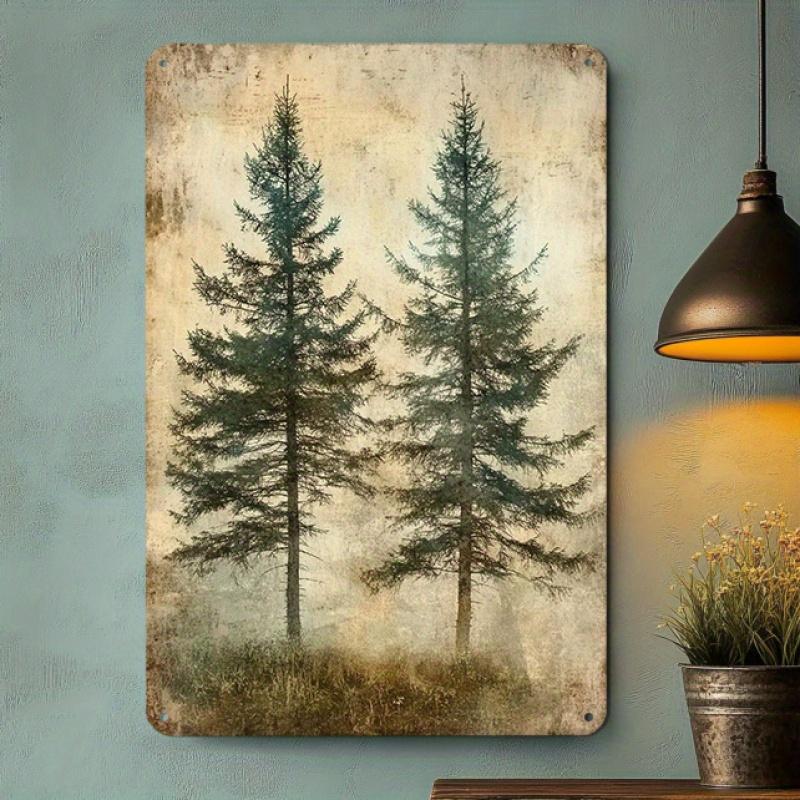 [2D Flat] Mystical Evergreens 2D Tin Painting - Hazy Horizon Design, Ideal for Bathroom, Room, Bar, Field Road Sign Decor, Perfe