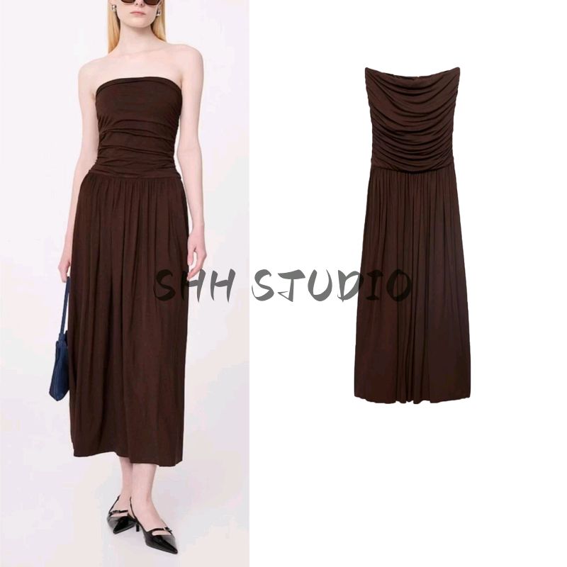 Summer New Arrival Women's Clothing Seaside Vacation Style Brown Patchwork Bandeau Slim-Fit Ruched Dress 87039213