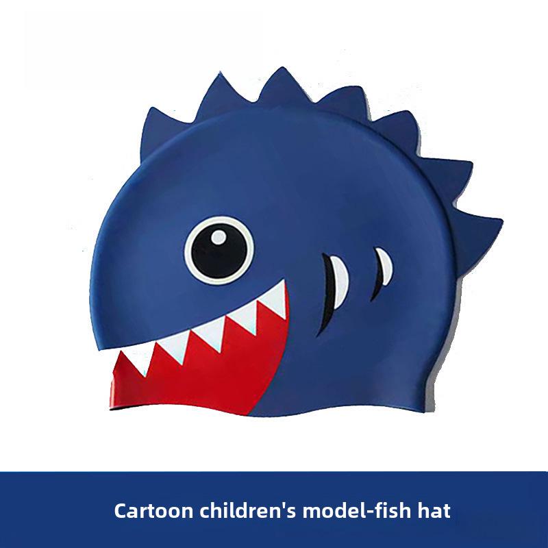 Vysoce elastické silikonové plavecké čepice pro všechny věkové kategorie - Pohodlné, netuhé s potiskem žraloka a ochranou uší pro muže, ženy a děti