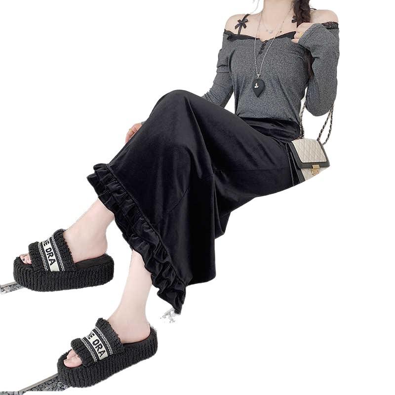 Women's Layered Velvet Midi Skirt with High Slit and Ruffle Lace - Thickened for Autumn and Winter