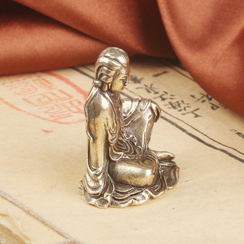 Pure Brass Free-Spirited Desktop Guanyin Bodhisattva Copper Statue Craft Offering Buddha Small Ornament Wholesa