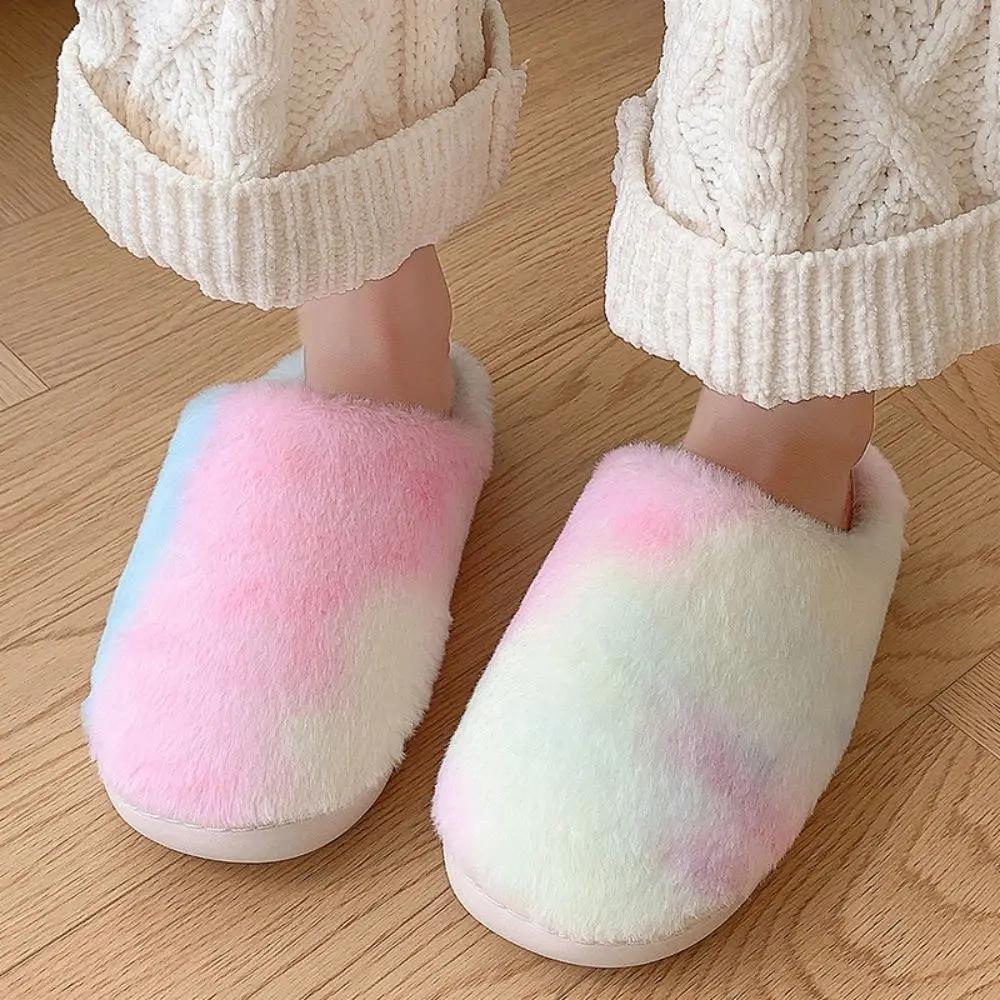 Tie Dye Fluffy Slippers for Women's New Winter Comfortable Warm Plush Indoor Home for Fashion Gradient Soft Fluffy Slippers