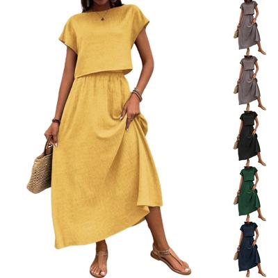Women Two Piece Set Short Sleeve Crop Top and Casual A-Line Maxi Skirt Lightweight Comfortable Summer Outfit