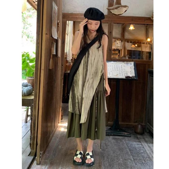 Tie-dye style fake two-piece slip long skirt women s new summer design loose slimming dress S