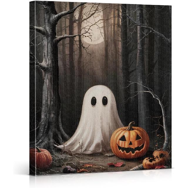 Gothic Halloween Canvas Wall Art Dark Forest with Ghost Poster Print Wall Decor Spooky Ghost Pumpkin Painting for Halloween Home Living Room Kitchen Gothic Halloween