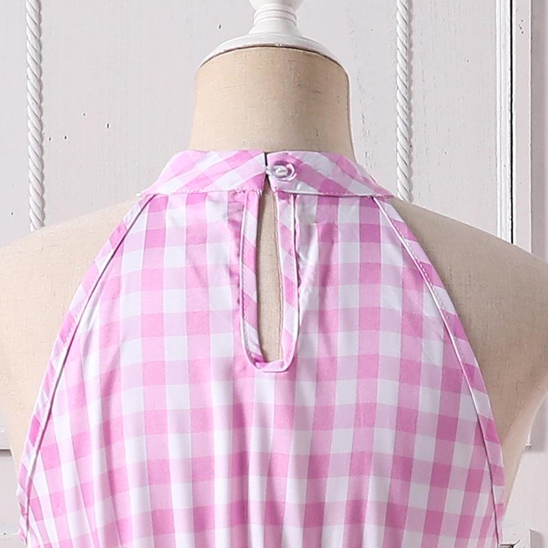Vestito da bambina senza maniche a quadri rosa con scollo all'americana - Stile europeo e americano