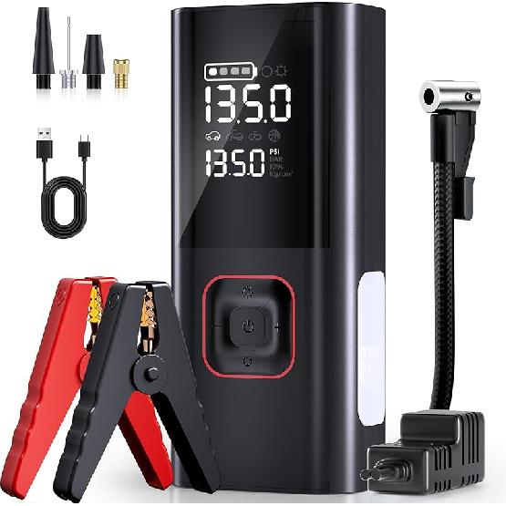 

Jump Starter with Air Compressor, 5000A Battery Jumper Starter Portable (9L Gas/8L Diesel) with 160PSI Auto-Shutoff Tire Inflator, 12V Jump Box Car матовый черный