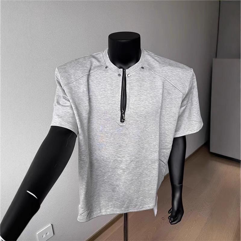 CleanFit Men's Half-Zip Shoulder Pad High Street Heavyweight T-Shirt with Five-Sleeve Design