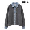 Women S Denim Collar Color Block Knit Cardigan Gq8kg015f