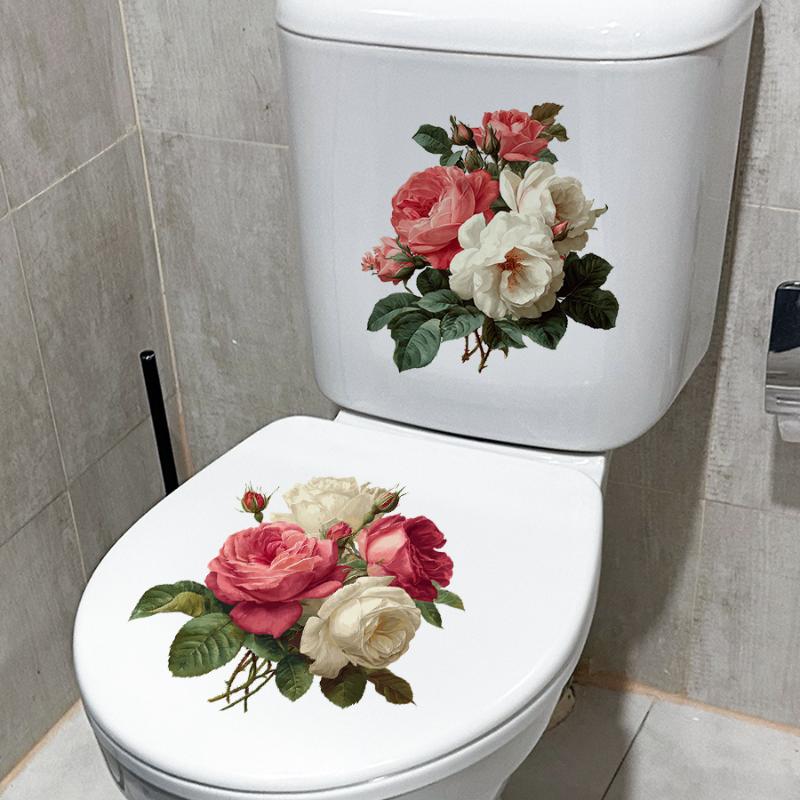 2Pcs Creative Rose Flower Waterproof Toilet Sticker Bathroom Wall Background Decal Home Decoration Self-adhesive Posters
