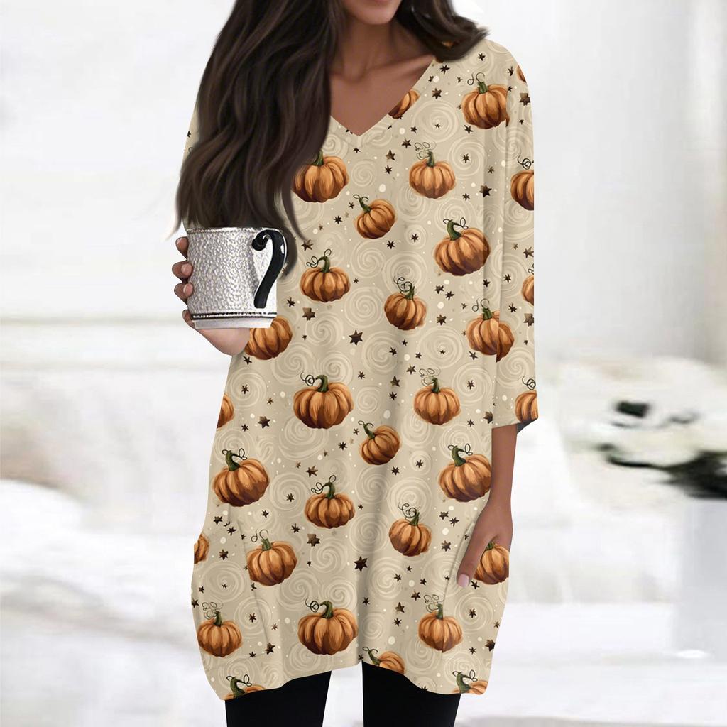 Womens's Fashion Casual Halloween Print V-neck Mid Length Pocket 3/4 Sleeve Top
