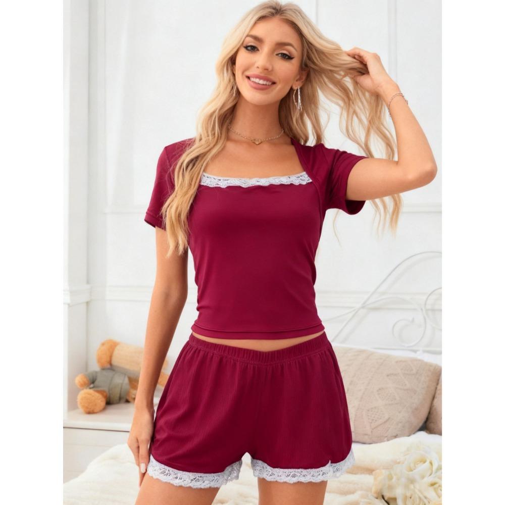 2026 New Women's Sexy Lace Pajamas Set Short Sleeve and Shorts 2 Piece Sleepwear Summer Casual Basic Loungewear for Women