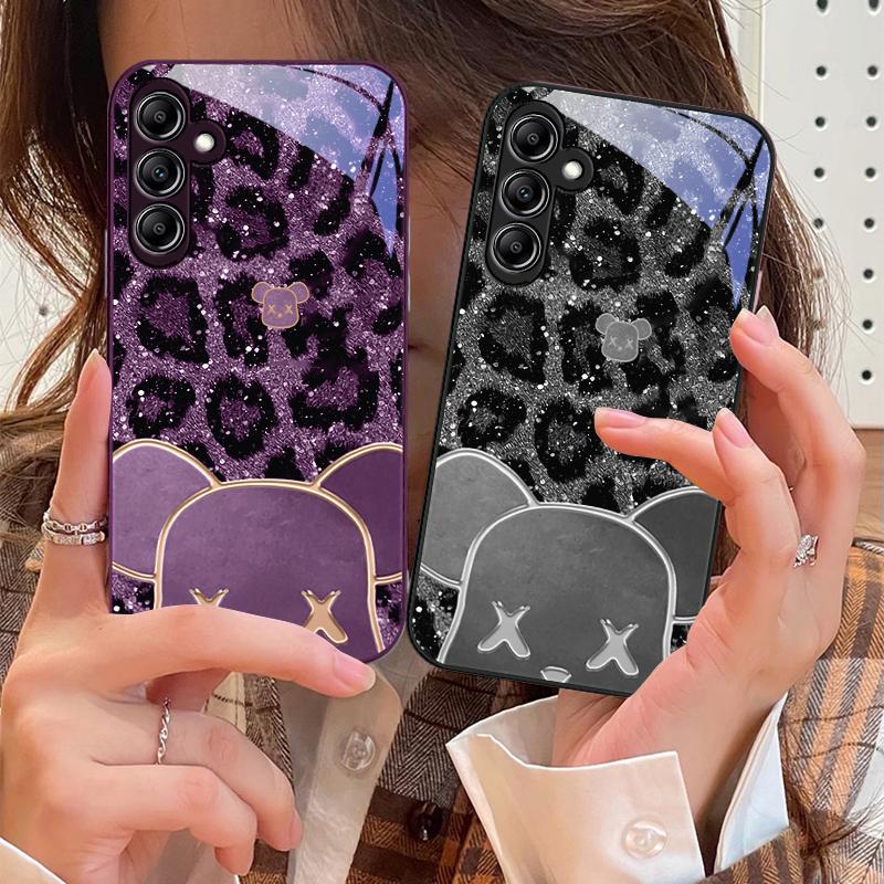 Leopard Striped Tide Bear For Samsung Galaxy A14 4G 20 30 52 20S 21S 22 A32 33 34 42 50 51 53 54 70 71 72 73 5G Glass Phone Case