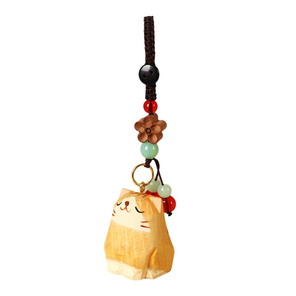 Weave Rope Wooden Carved Cat Keychain Beads Car Keyring Creative Wood Kitty Dolls Pendant  Students