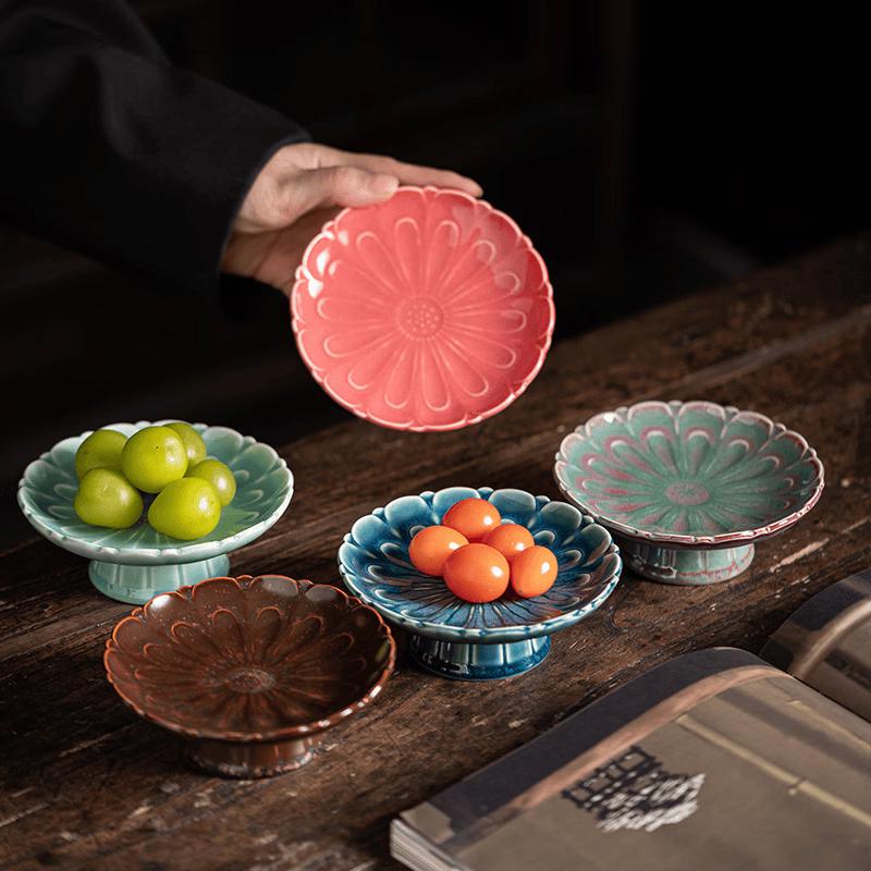 Retro Kiln Glaze Lotus Ceramic Pedestal Dessert Plate