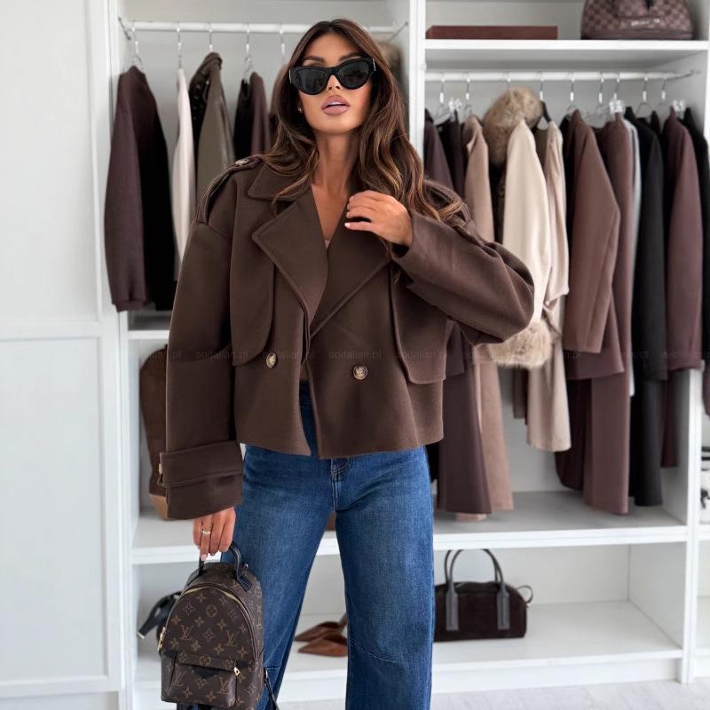 Podzimní/Zimní Jednobarevný Ležérní Vlněný Kabát s Dlouhým Rukávem