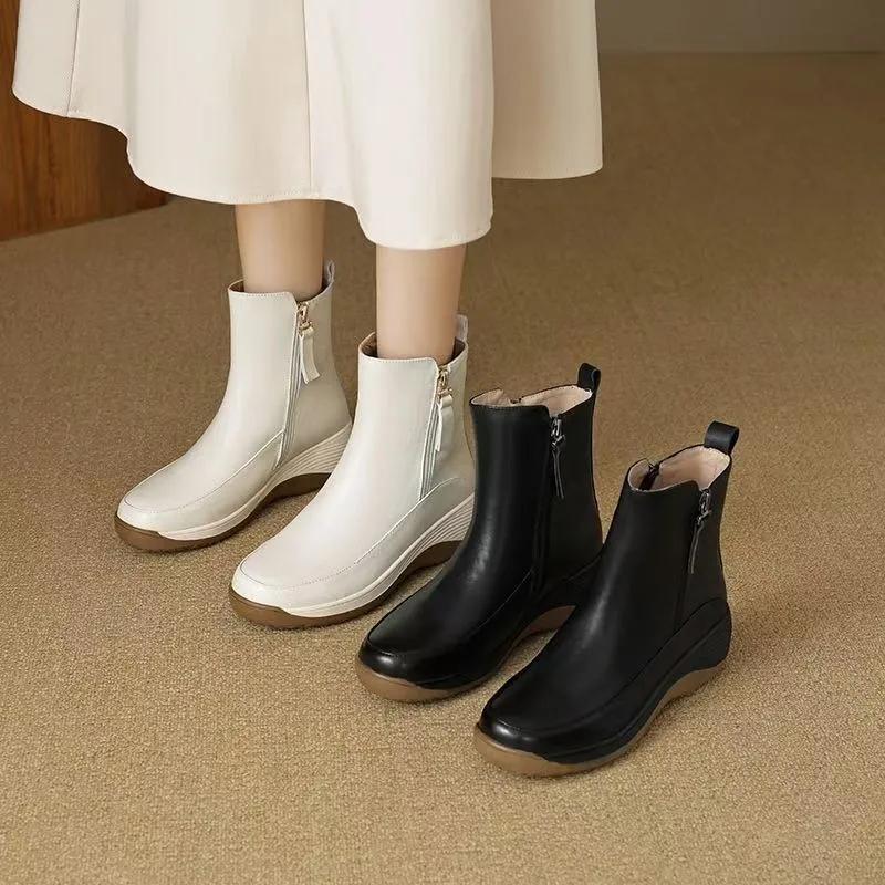 2024 New Autumn Winter British Style Platform Women's Boots Casual Simple Side Zipper Round Toe Wedge Ankle Boots