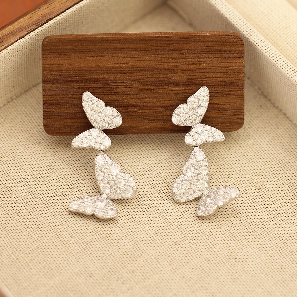 Light luxury full of zircon double butterfly earrings, gold-plated elegant temperament, no ear piercings, earrings, women's earrings, all-match.