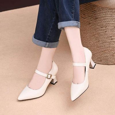 One Word with Shallow Mouth Pointed Waterproof Table High Heels Women's Spring Versatile Thick Heel Waterproof Thick Heel Single Shoes