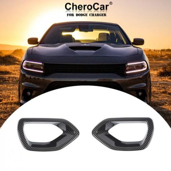 2PCS Front Bumper Center Grill Grille Cover Carbon Fiber for 2015+ Dodge Charger