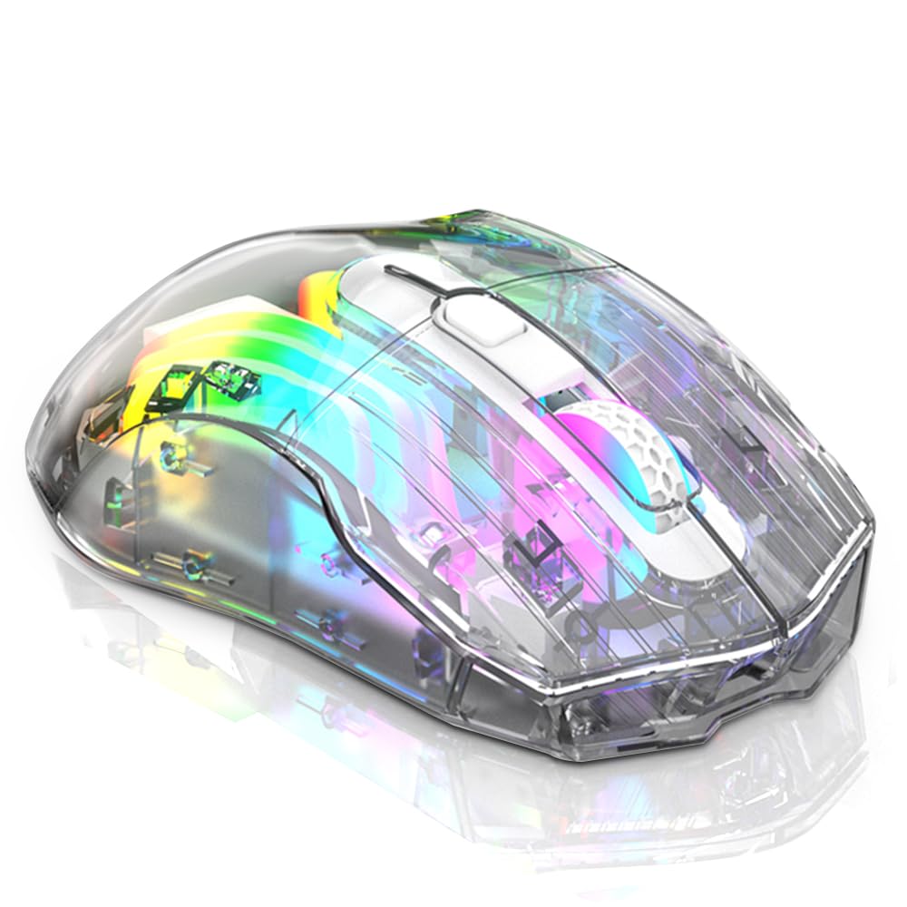 Docooler Wireless Gaming Mouse, Transparent Crystal Shell, 3 Modes (USB Wired + 2.4G Wireless + Bluetooth), 3600DPI Adjustable eSports Mouse,