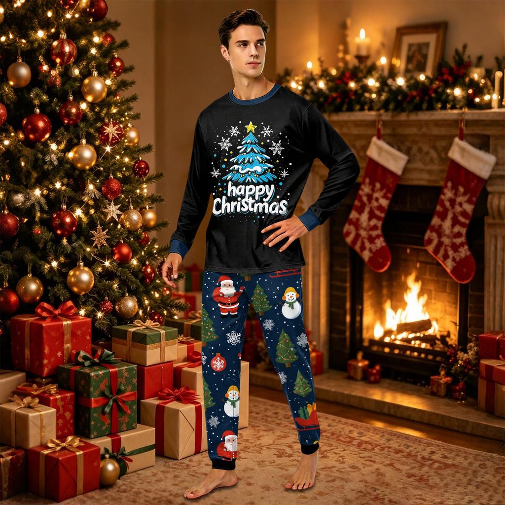 Family Matching Christmas Print Neck Long Sleeve Top and Pants Pajama Set