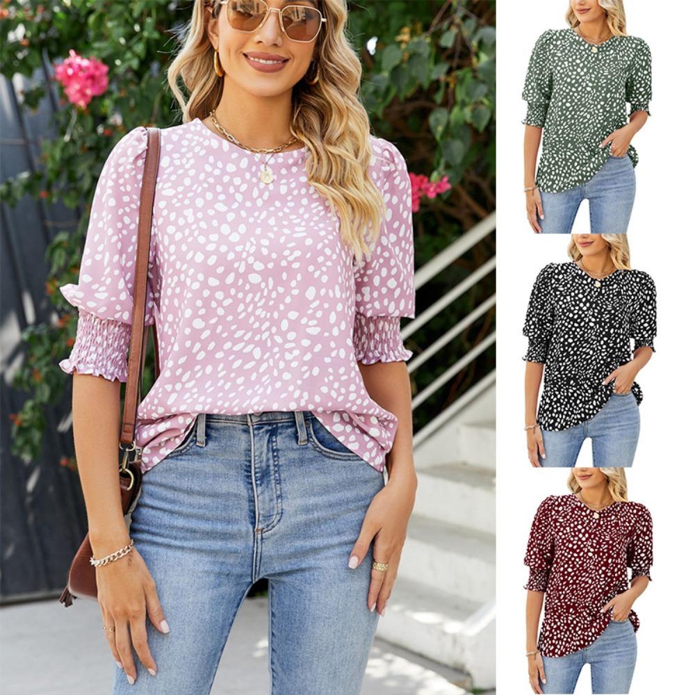 Summer New Loose Printed Short-sleeved Round Neck Chiffon Shirt for Women