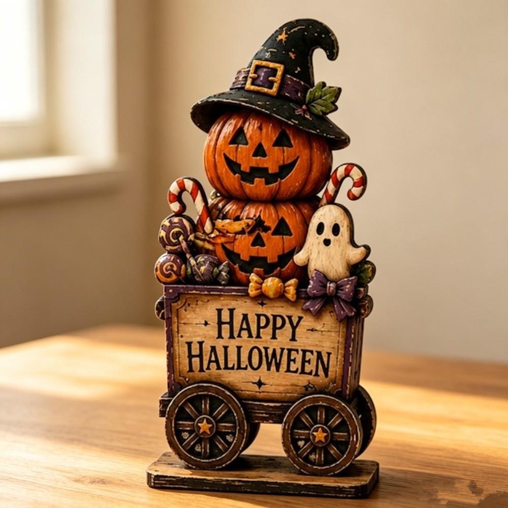Spooky Wood Haunted House Statue Vintage Stacked Pumpkin Cart Ornament Mantel Decor
