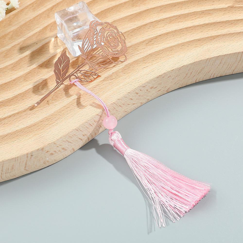 Pink Flower Metal Hollow Bookmarks With Tassel Pendant Apricot Leaf Lotus Rose Bookmark Gifts For Teachers Friends Book Lovers