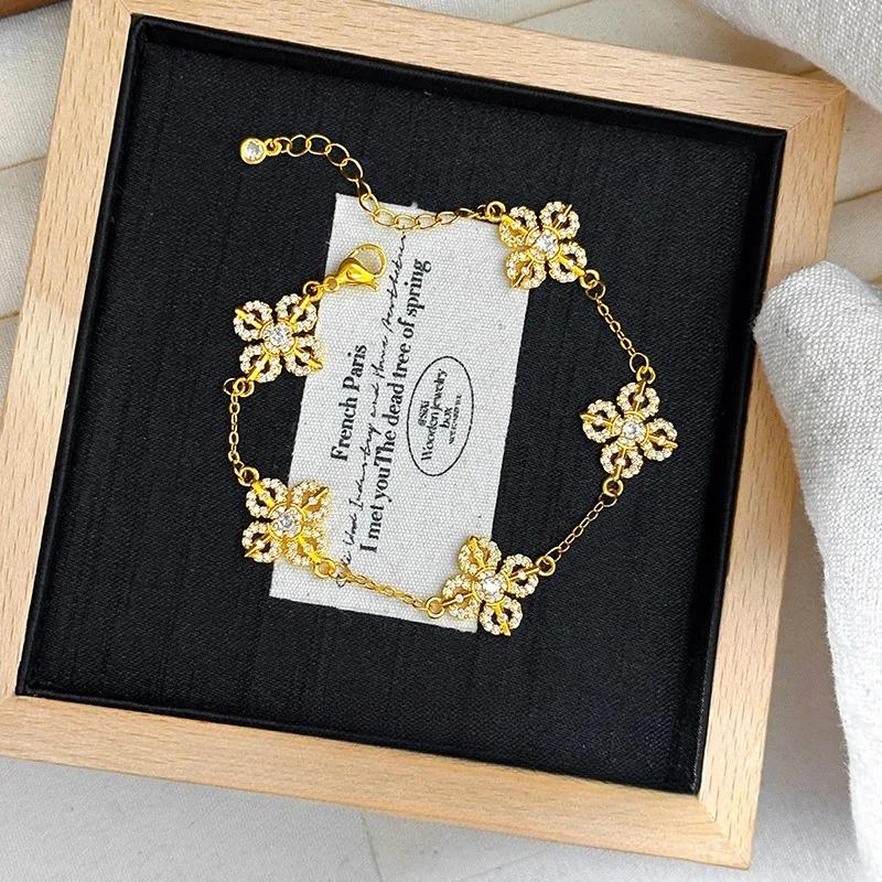 Real Gold New Chinese Style Full Diamond Five-flower Cross Vajra Bracelet Women Four-leaf Clover Bracelet 21cm