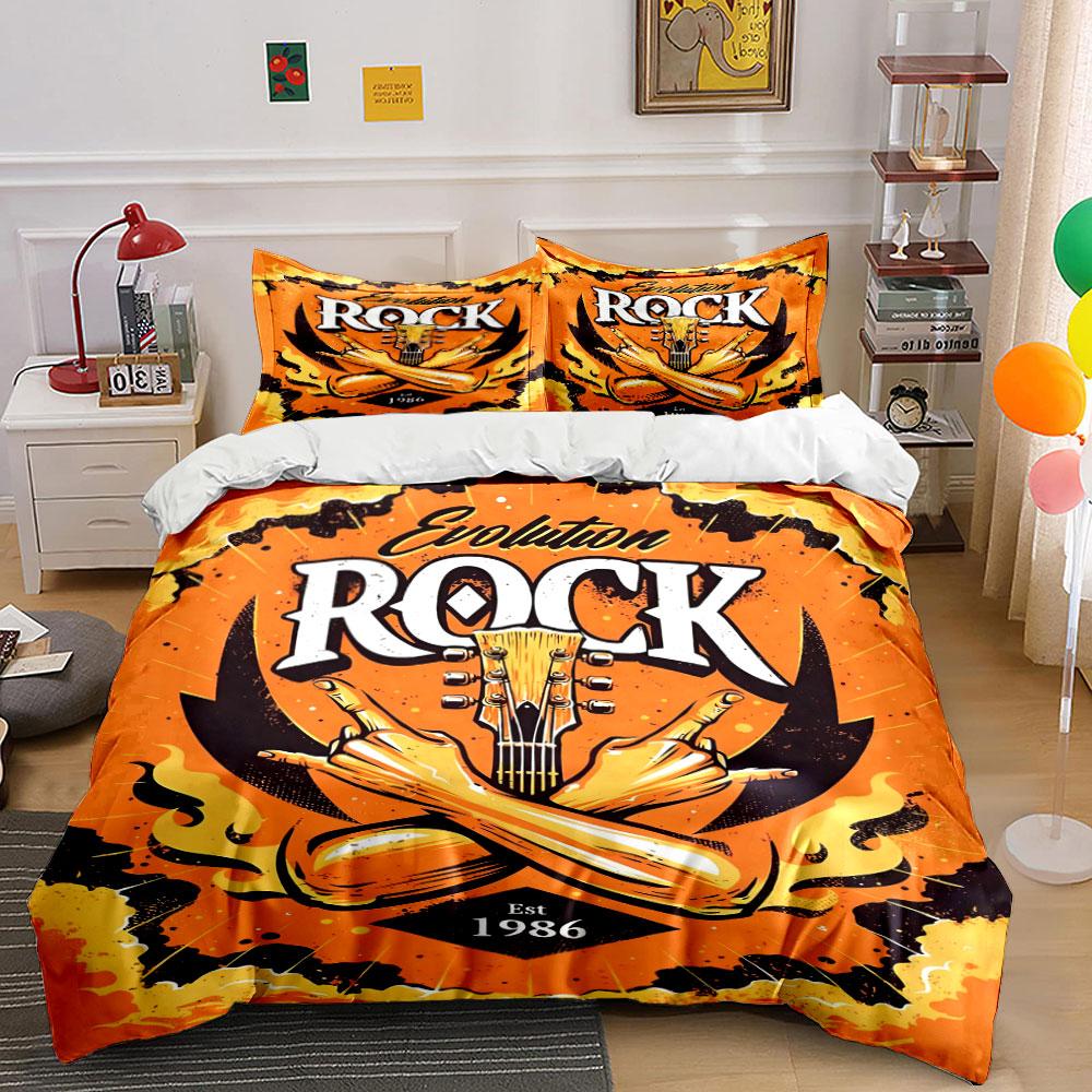 Guitar, flames, "Rock" text. Bedding sets Duvet cover sets Duvet covers Pillowcases(1 * Duvet Cover 2 * Pillowcases without duvet insert)