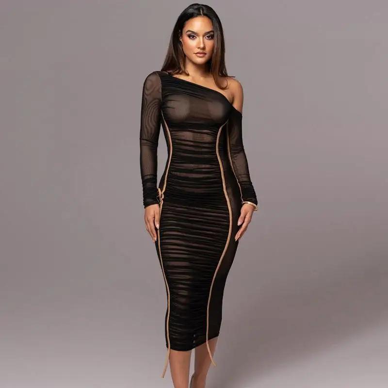 Dress Fashionable Pleated Women's Long-sleeved Mesh Spliced Slanted Shoulder Mid-length